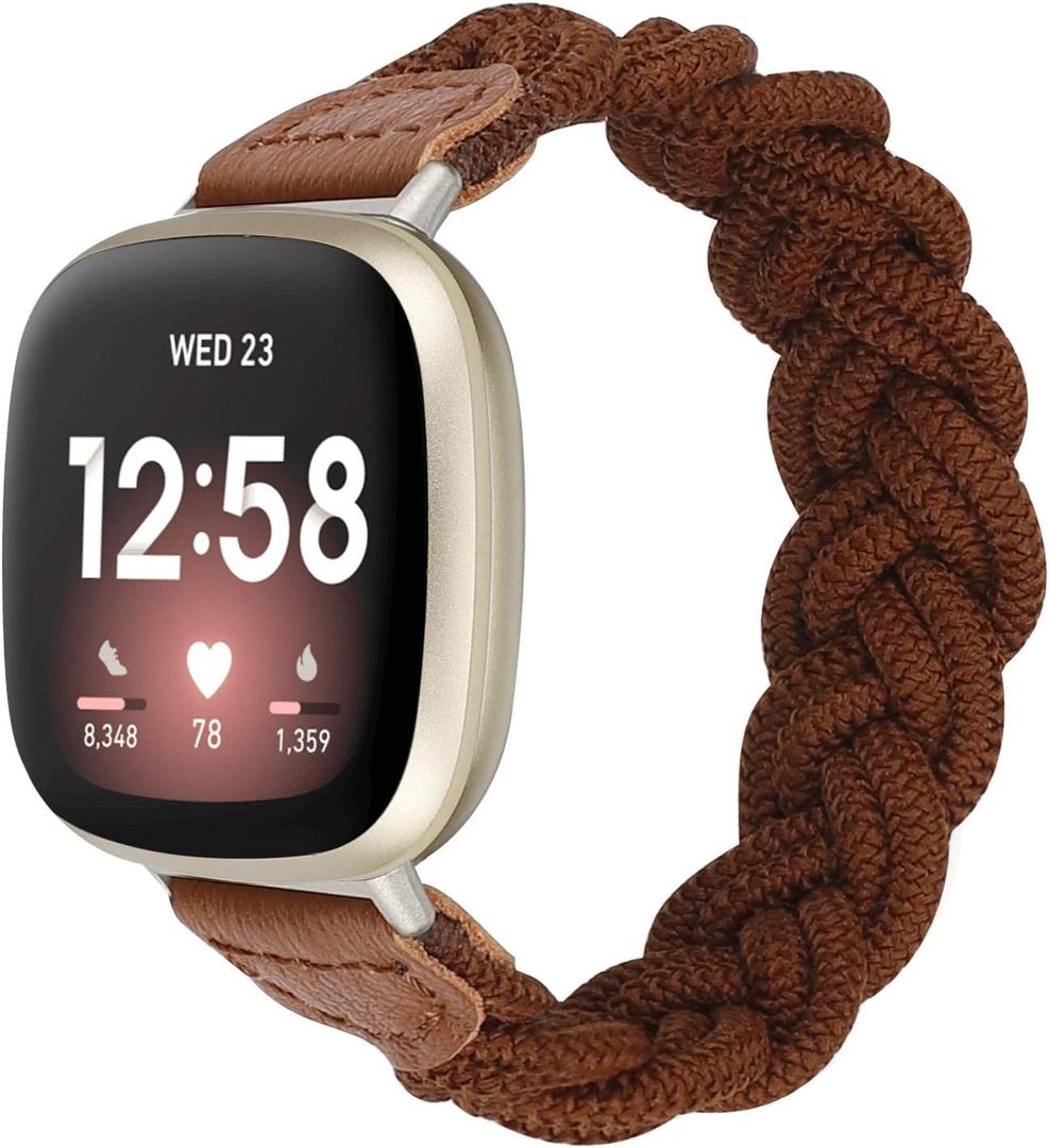 Wearlizer Elastic Band Compatible with Fitbit Versa 4 Bands for Woman/Versa 3/Sense 2/Sense Bands Women, Slim Solo Loop Braided Strap Stretchy Woven Wristband Accessory, Brown M