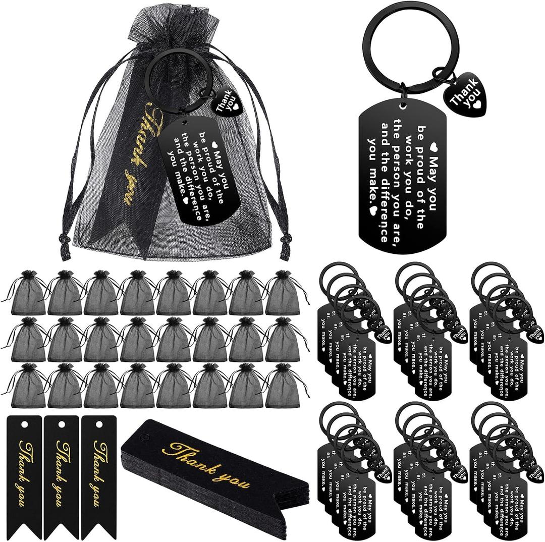 Yinkin 72 Pcs Employee Appreciation Gifts Bulk Thank You Coworker Keychain Gifts with Organza Bags and Thank You Cards(Black)