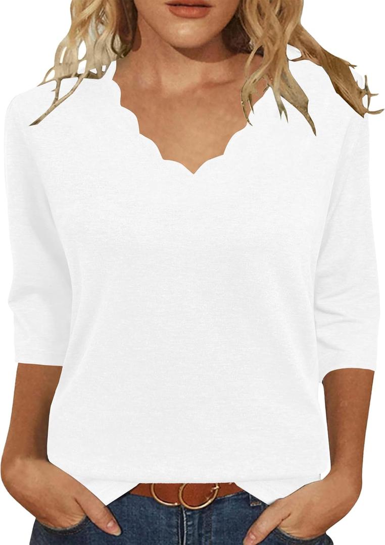 JomeDesign Womens Summer Tops 3/4 Sleeve Casual Dressy Shirts V Neck Loose Fit Blouses (White, L)