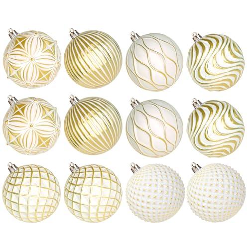 Lanpn 12 Pcs 4" Large Christmas Balls Ornaments, Outdoor Xmas Tree Hanging Decorations, Shatterproof Christmas Ball Ornament Set for Home Winter Holiday, Assorted Relief Pattern, White & Gold