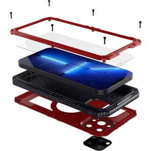 Heavy Duty Case for iPhone, Full Body Dustproof Dropproof Aluminum Alloy Case with Silicone Built-in Screen Protector (Red_Waterproof, for iPhone 11)