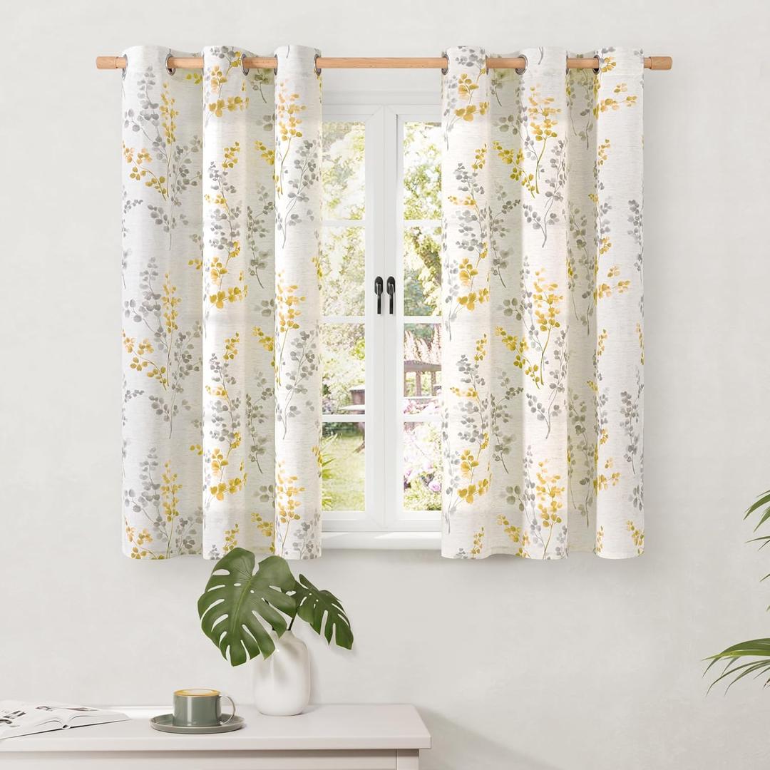 BGment Short Linen Curtains for Small Window 45 Inch Length 2 Panels, Boho Light Filtering Privacy Curtains for Farmhouse Bedroom Basement Bathroom, Cottage Leaf Design, Each 42 Inch Wide, Yellow