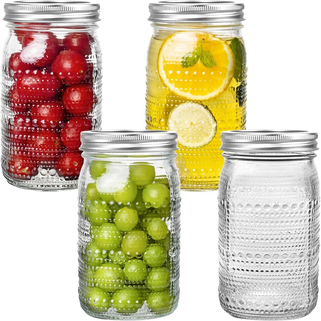 WACOI Mason Jars 32 Oz with Lids Wide Mouth 4 Pack, Glass Jars Canning Jars Large for Centerpieces Pickling Storage Food Meal Prep Salad Jam