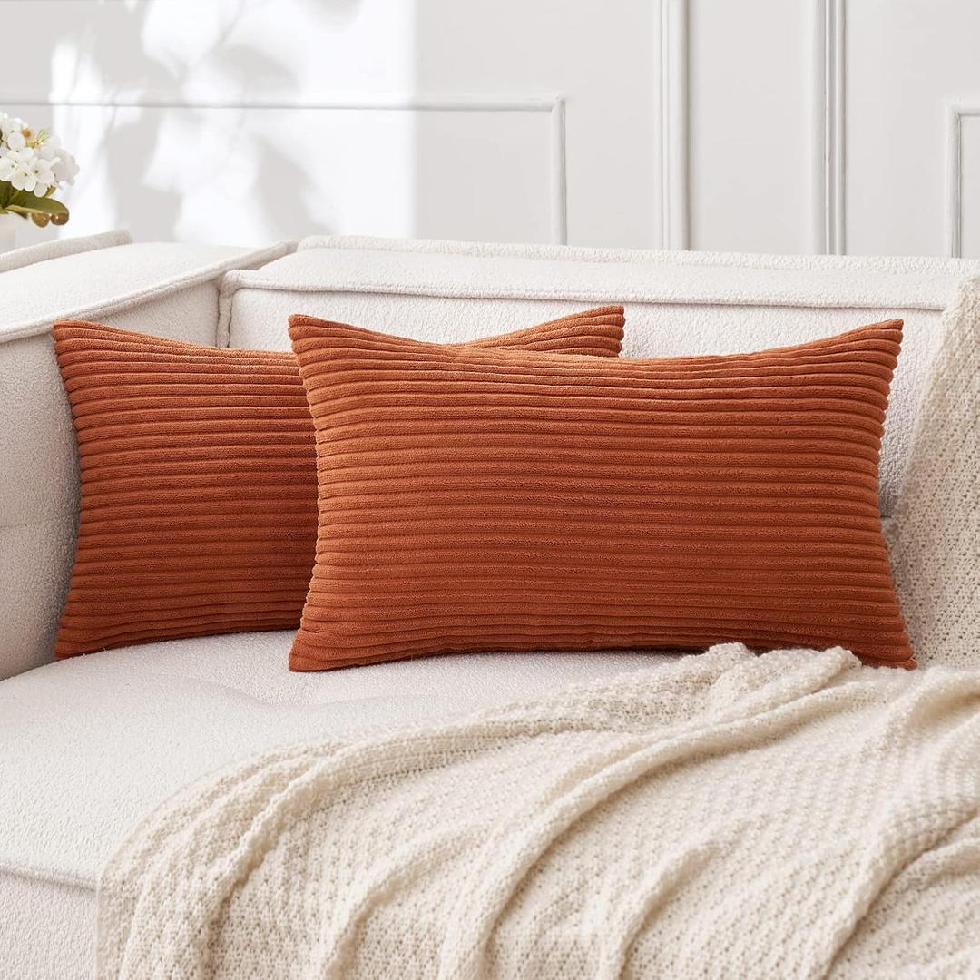 MIULEE Pack of 2 Rust Pillow Covers 12x20 Inch Soft Boho Striped Corduroy Throw Pillow Covers Set Decorative Square Cushion Cases Pillowcases for Sofa Bedroom Couch