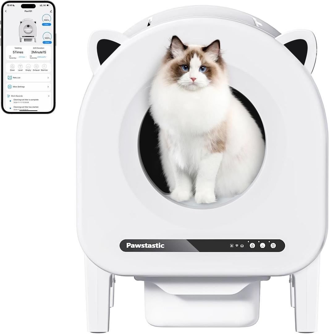 Self Cleaning Litter Box, 68 L Automatic Cat Litter Box for Multiple Cats, Robot with Dual Safety Protection, APP Control, Odor Removal Smart Litter Boxes, 2 Roll Trash Bags (White)
