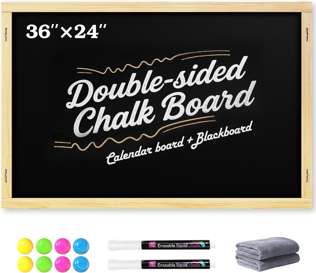 2-in-1 Double-Sided Magnetic Chalkboard 36"x24", Chalk Calendar Board & Large Blackboard for Kitchen & Home Decor, Schedule, Menu, Back-to-School Gift - Hanging Chalk Board with 2 Liquid Pens, Wood