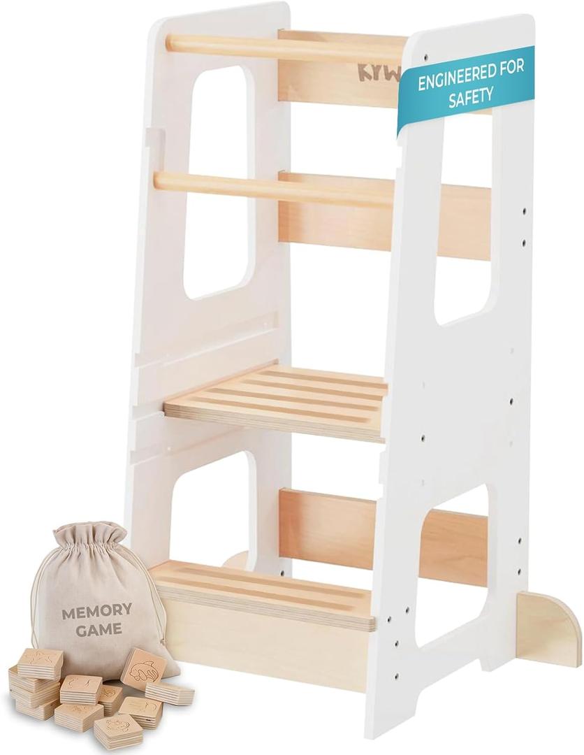 KYWAI Toddler Kitchen Stool Helper, Adjustable Standing Tower with Safety Rails, Anti-Tip Design & Non-Slip Stickers, Sustainable Product with Extra Memory Game Made from Leftover Wood (White)