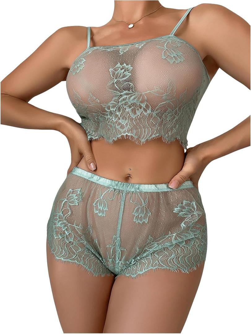 SOLY HUX Women's Floral Lace Sheer Bra and Boyshorts Panty 2 Piece See Through Lingerie Set (Plain Green) Medium