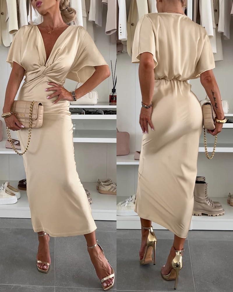 Womens Plunge Twist Dress Batwing Sleeve Midi Casual Dress for Daily Date Party Cocktail Outings (Large, Khaki)