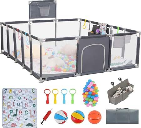 Baby playpen, 79"x71"Baby Playpen with Mat Indoor＆Outdoor Playpen for Babies and Toddlers with Breathable Play Pen with Ocean Balls Hanging Pocket Basketball Hoop (Gray)