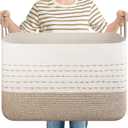 XXL Large Blanket Basket for Living Room, 108L Woven Storage Baskets for Organizing, Rectangle Cotton Rope Basket Toy Chest With Handles--Brown & White