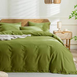 JELLYMONI Cotton Duvet Cover Queen Size - Avocado Green Comforter Cover with Button 100% Washed Cotton 3PCS Breathable Soft Solid Bedding Set Duvet Cover 9090in & 2 Pillowcases (NO Comforter)