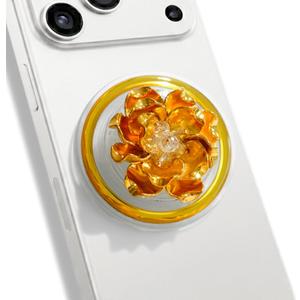On The Grip 3D Flower Phone Grip MagSafe Compatible - Gold Plated Metal Flower with Crystal Center, Collapsible Stand & Kickstand (Camelia)