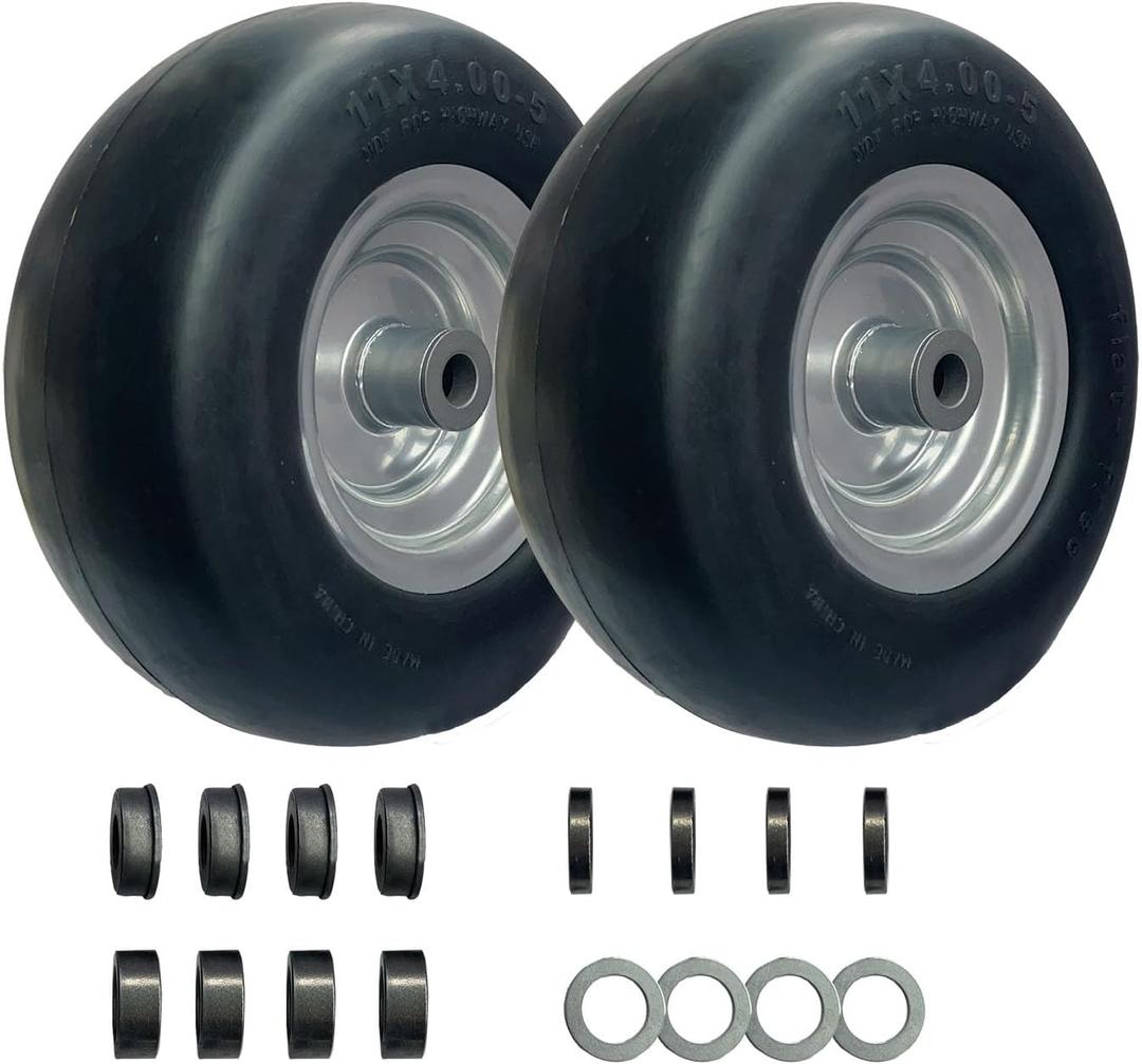 11x4.00-5 Flat Free Lawn Mower Tire and Wheel, with 3.4"-5.0" Centered Hub and 3/4" & 5/8" Grease Bushing,Solid Smooth Tread Tire for Zero Lawn Mowers