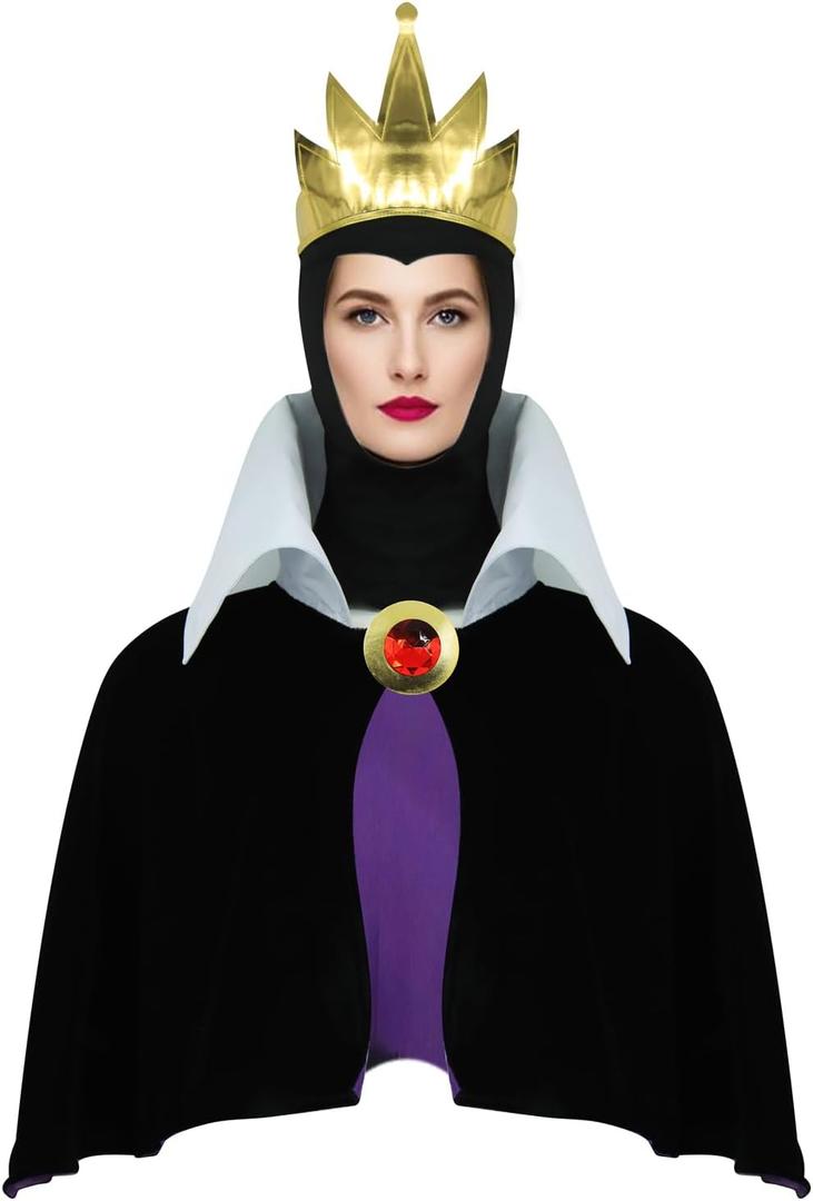 Women Evil Queen Costume Wicked Grimhilde Crown Cape Halloween Villain Fairy Tale Outfit for Adult One Size