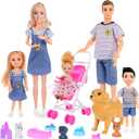 Dolls Family Playset with Baby Stroller Set- 6 People, Pets & Accessories for 3-12 Years Old | Toddler Gift with Pregnant Mom, Dad, 3 Kids, Dogs, and Interactive Play