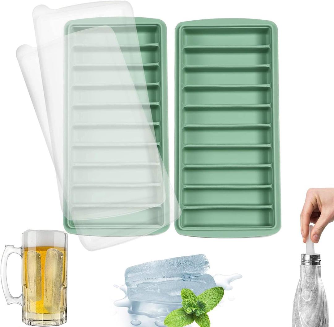 LessMo 2 PCS Ice Cube Tray, Long Ice Stick Tray Silicone with Lid, Rectangular Narrow Stick, Reusable, Flexible, Easy Release, for Small Mouth Sport Bottles, Juice Bottles, Cocktail Parties, Blue (Green)