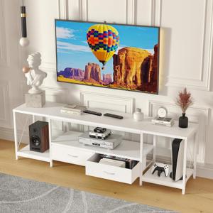 GYIIYUO TV Stand with Fabric Drawers for 55 60 65 Inches TV - Entertainment Center and Industrial TV Console Table with Open Storage Shelves for Living Room, Bedroom - 55.1" White
