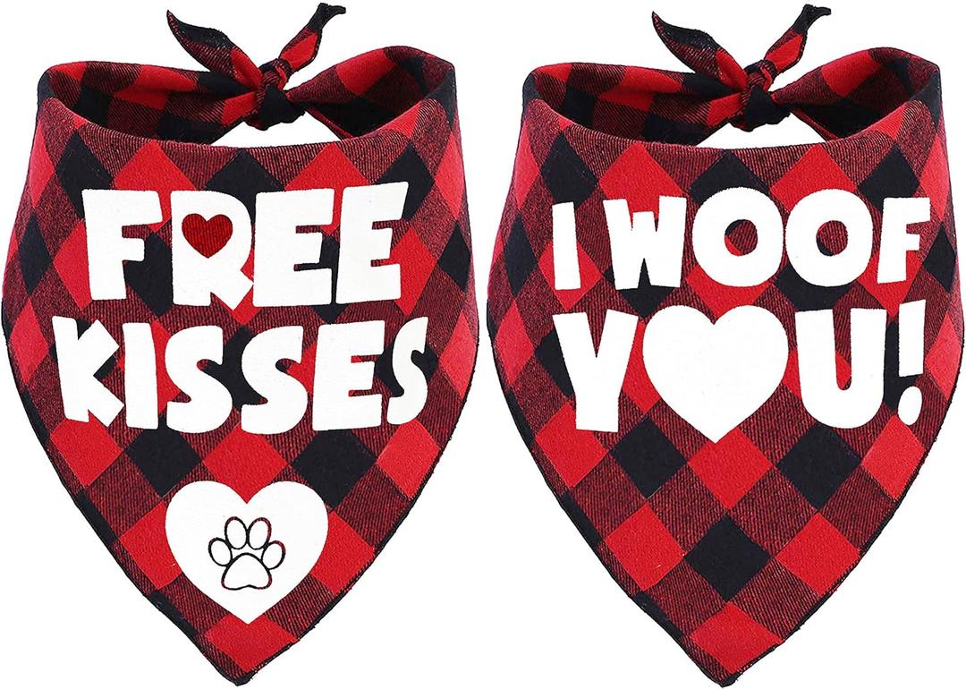 2 Pack Valentine's Dog Bandana, Holiday Buffalo Plaid Bandana Scarfs for Small Medium Large Dogs Cats Pet Puppies (Free Kisses)