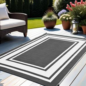 RURALITY Outdoor Rug 9x12 Waterproof for Patio Clearance,Large Plastic Straw Mat for Camping,Porch,RV,Reversible,Black and White