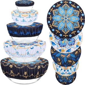 5 Pieces Bowl Covers Reusable, 5 Size Elastic Cloth Bowl Covers for Bread Proofing Stretch Food Covers Washable for Food Fruits Leftover (Lozenge Floral)