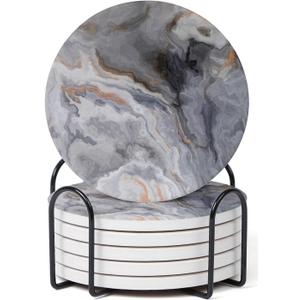 Set of 6 Abstract Dark Blue Marble Coasters with Holder, Absorbent Ceramic Coasters for Drinks, Coasters with Cork Backing for Table Protection, Housewarming Gifts for New Home