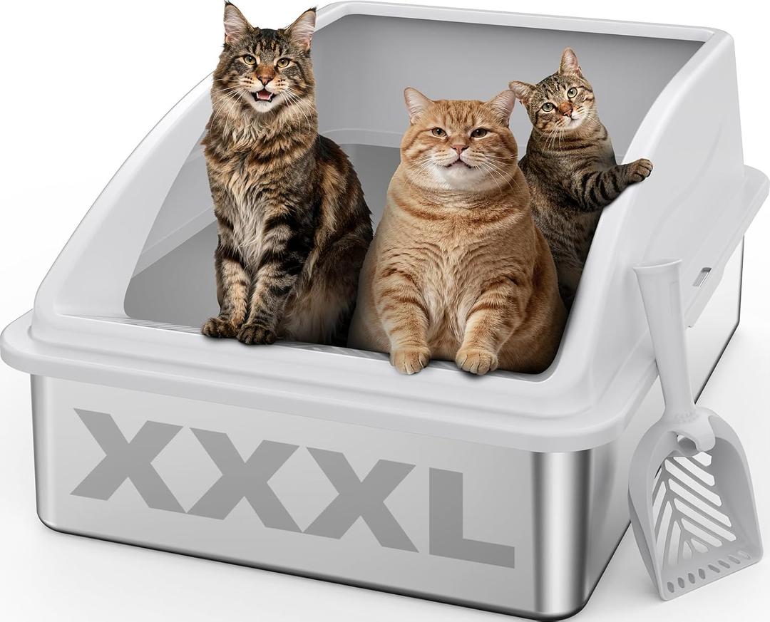 Stainless Steel Litter Box Extra Large for Big Cats and Multi-Cats | Jumbo Extra Large Metal Cat Box with High Sided Lid, Anti-Urine Leakage, Non-Stick, Include Litter Scoop (Silver Gray)