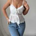 SweatyRocks Women's Y2k V Neck Ruffle Trim Tops Summer Sleeveless Spaghetti Strap Women Shirts (White, S)