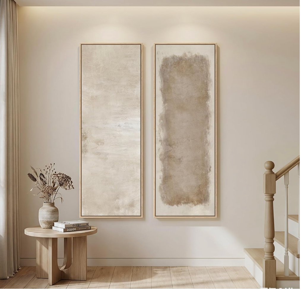 Large Framed Beige Cream Abstract Vertical Wall Art for Hallway, 2 Piece