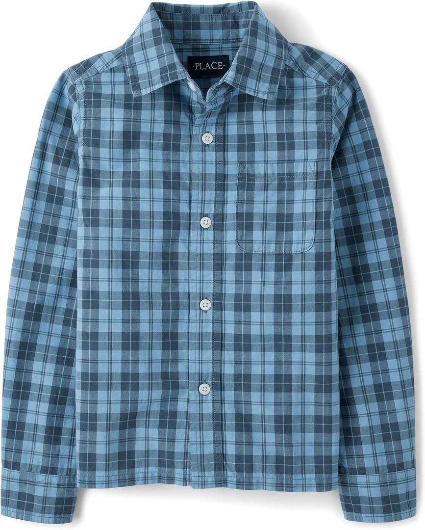 The Children's Place Boys Long Sleeve Button Down Shirts (X-Large, Pearl Blue Plaid)