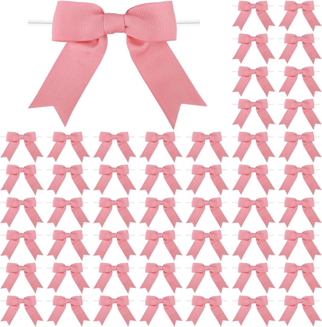 50 Pcs 3 Inches Grosgrain Ribbon Twist Tie Bows Dusty Rose Pretied Premade Craft Bows for Treat Bags Gift Wrapping Basket Wedding Baby Shower Brithday Christmas Party (Dusty Rose)