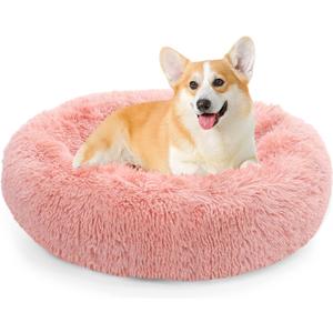 NOYAL Calming Donut Dog Bed for Small to Medium Dogs & Cats - Plush Faux Fur Anti-Anxiety Pet Bed with Machine Washable Cover & Non-Slip Base (Small 19.6'', Pink)