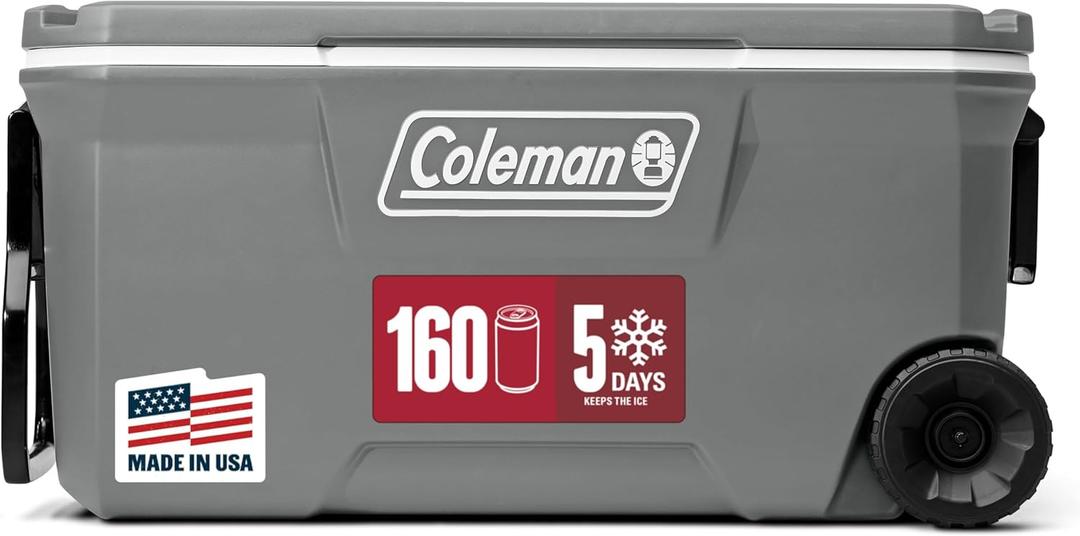 Coleman Classic Series Insulated Portable Rolling Cooler with Wheels, Leak-Resistant Outdoor Hard Cooler Keeps Ice up to 5 Days, 100-Quart (Rock Grey)