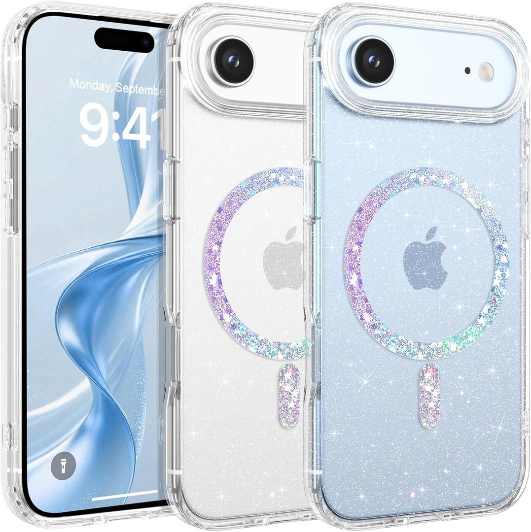 YINLAI Case for iPhone Air 6.5-Inch, [Compatible with MagSafe] Clear Glitter Magnetic Case Slim Bling Sparkly Women Girls Girly Soft Cute Transparent Shockproof Protective Phone Cover, Clear