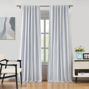 ZJDECOR Blue Striped Blackout Curtains 84 Inches Length,Ticking Stripe on White Cotton Blended Light Filtering Fabric with White Liner,Modern Bedroom Window Treatment,Back Tab Rod Pocket,55" Wx84 Lx2