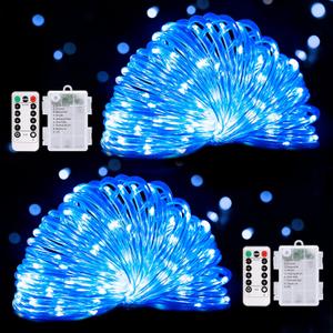 33Ft 100 LED Battery Operated String Lights, Waterproof Battery Powered Pool Lights Outdoor, 8 Modes Blue Rope Lights for Pool Trampoline Walkway Patio Decorations (2 Pack)
