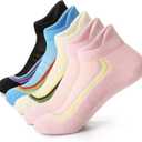 FITRELL Pilates Socks for Women, Ankle Yoga Non Slip Grip Socks for Barre Hospital Gym 5 Pairs (Medium, Pink+neon (Black+blue+pink+beige))