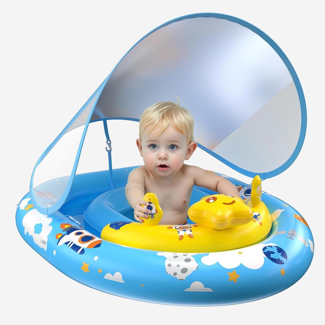 Baby Pool Float with Canopy UPF50+ Sun Protection, Inflatable Kids Pool Floats Infant Swimming Float with Toy Play Console Adjustable Safety Seat for Kids Girls Boys Aged 6-36 Months (Blue)