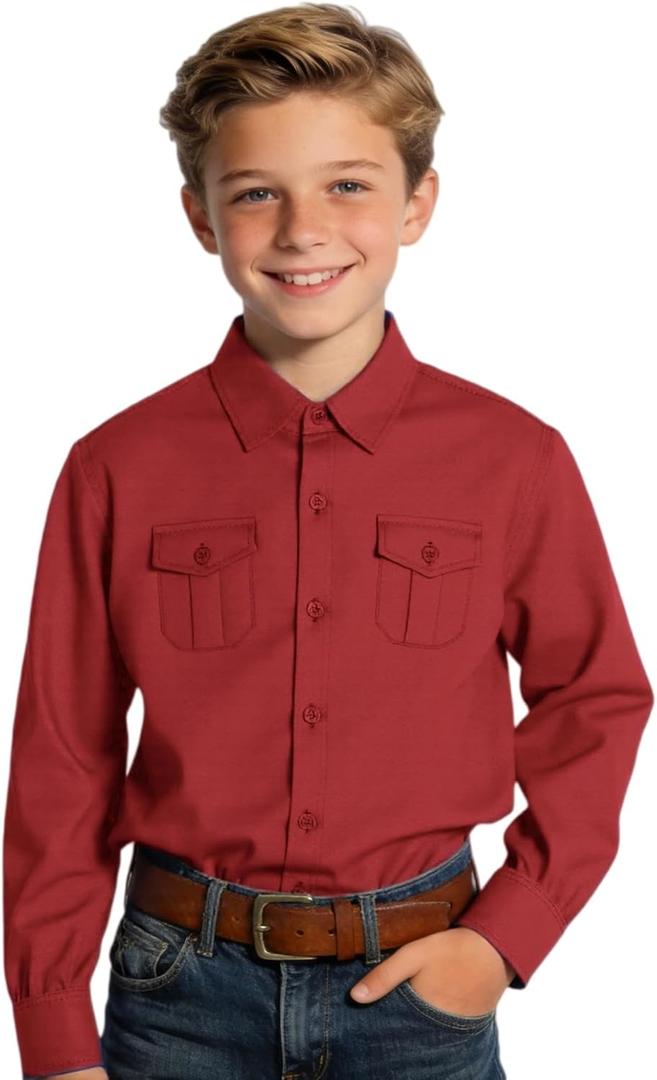 Boys Western Shirt for Kids Long Sleeve Button-Down Cowboy Shirt with Two Pockets, Size 2T-18 Years (Red)