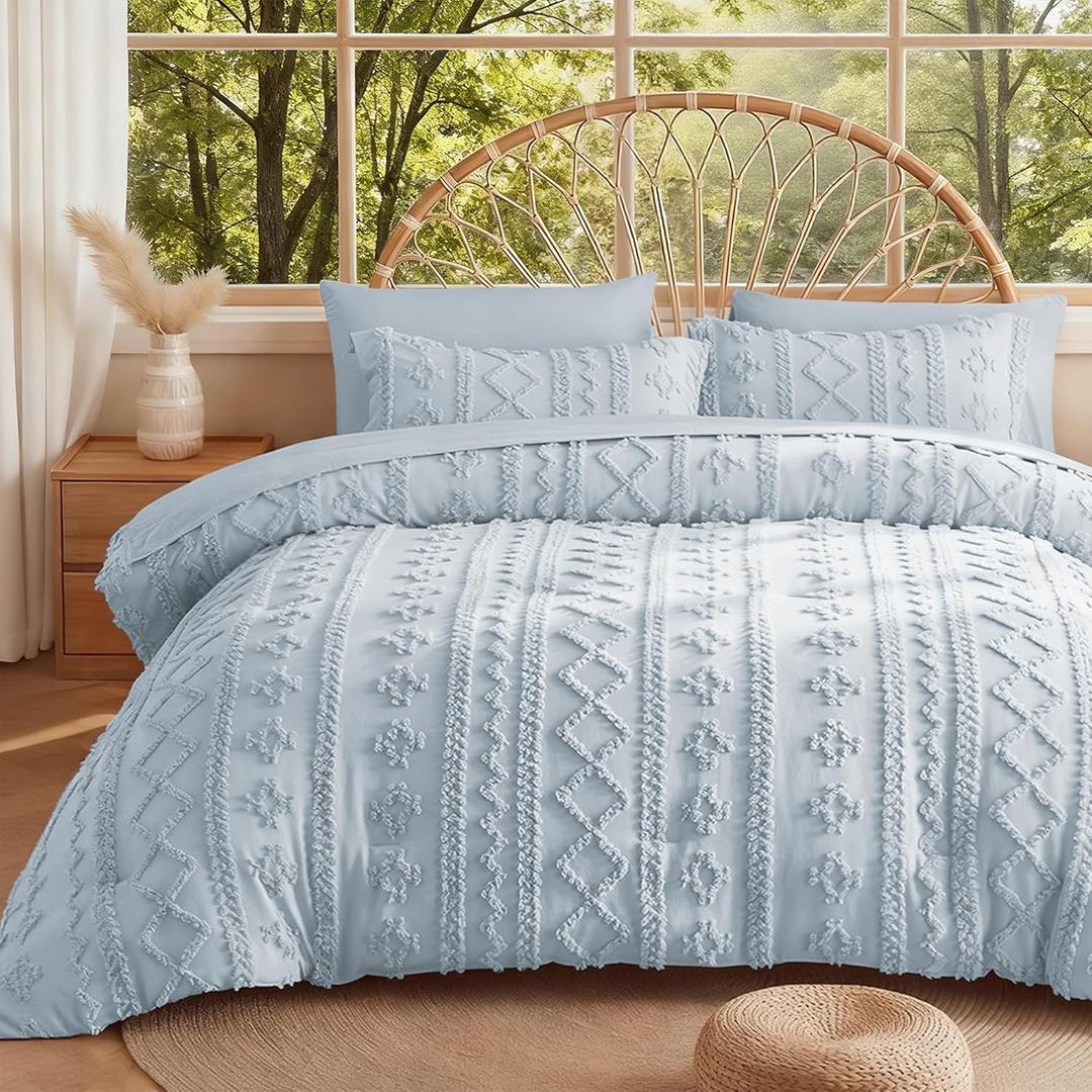 MR&HM Boho Comforter Set Full, Dusty Blue 7 Pieces Bedding Set, Farmhouse Shabby Chic Bed in a Bag with 1 Comforter, 2 Pillow Shams, 2 Pillowcases, 1 Flat Sheet, 1 Fitted Sheet for All Seasons