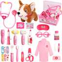 Doctor Kit for Toddlers 3-5 Dress Up for 2+ Year Olds Girls Pretend Veterinarian Toddler Doctor Play Set with Stethoscope Pink Costume Dog Toy Birthday Gifts for 2 3 4 5 6 Year Old Girls