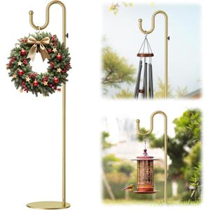 74" Gold Shepherds Hook StandAdjustable Free Standing Pole Holder for Hanging Bird Feeders, Plants, Lanterns, Wreaths, and Wind Chimes, Heavy Duty Base for Indoor & Outdoor Use, Holds Up to 20 LBS