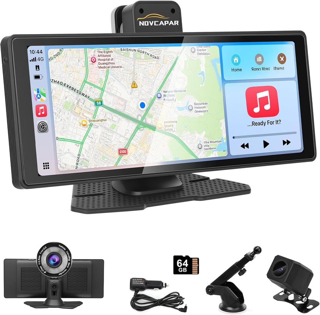 10.26" Wireless Carplay Screen for Car,Portable CarPlay&Android Auto,4K Dash Cam,1080P Backup Camera,Touchscreen with GPS Navigation,Voice Control, Bluetooth,Mirror Link,AUX/FM