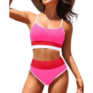 Tempt Me Women High Waisted Bikini Sets Ribbed Two Piece Color Block Sporty Scoop Neck Swimsuit for Teens, M Tempt Me Women High Waisted Bikini Sets Ribbed Two Piece Color Block Sporty Scoop Neck Swimsuit for Teens, M