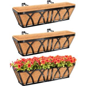 Riare 3 Pack 24 Inch Metal Railing Planter Window Box with Coco Liner- Adjustable Window Flower Boxes for Railings, Hanging Rail Planters for Deck, Balcony, Porch, Fence, Indoor Outdoor Plants