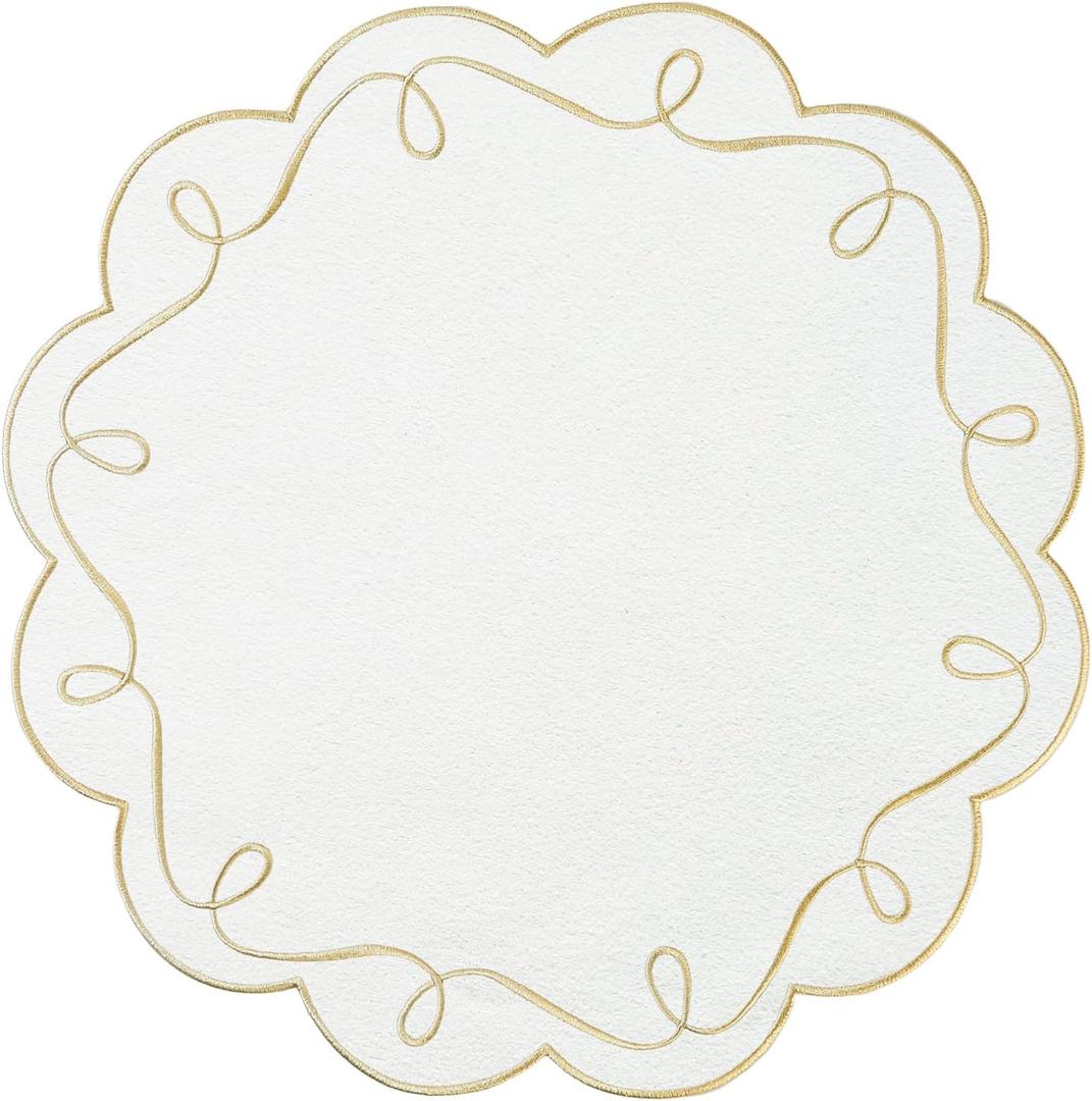 15 Inch Ribbon Twirl Embroidery Round Placemats Set of 4, Scalloped Round Table Mats for Party Kitchen Dining Decoration, Gold