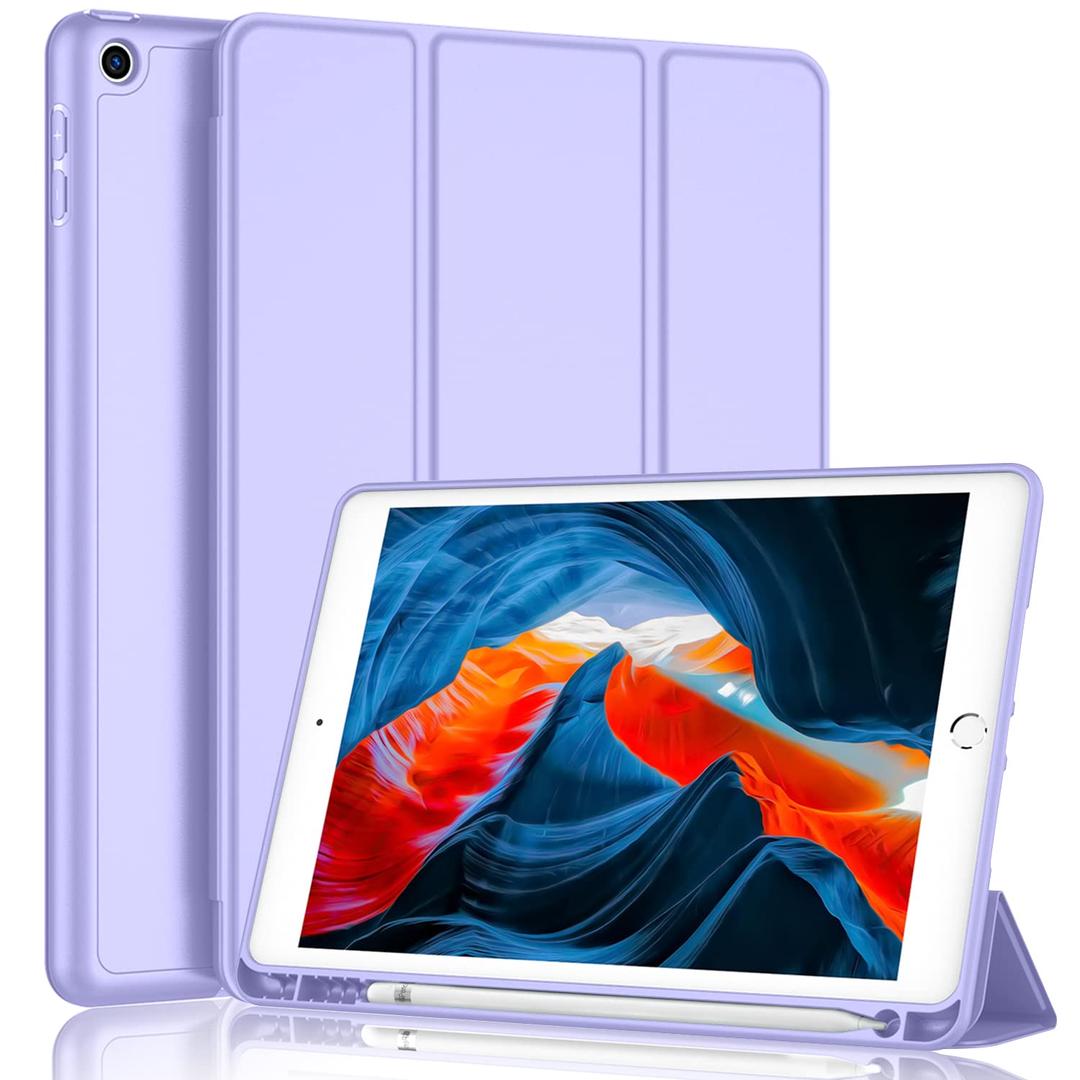 iMieet iPad 9th Generation Case 2021/iPad 8th Generation Case 2020 10.2 Inch with Pencil Holder, iPad 7th Gen 2019 Case with Soft Baby Skin Silicone Back, Auto Wake/Sleep Cover(Light Purple)