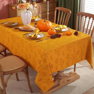 SASTYBALE Thanksgiving Fall Amber/Mustard Jacquard Tablecloth (60x84 Inch Rectangle) - Elegant Damask Fabric, Spill proof Wrinkle Resistant Vintage Style for Harvest Dinner Gatherings