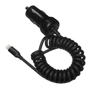 Amazon Basics 12W (5V, 2.4A) Fast Charging Car Charger with Coiled Lightning Cable for iPhone, iPad and Apple Devices, 1.5 ft - Black