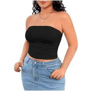 WDIRARA Women's Plus Size Strapless Ruched Crop Tube Tops Summer Slim Fit Sleeveless Bandeau Top, XXXL